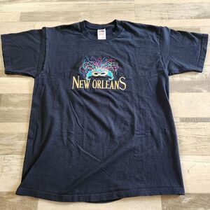 Vintage 90s New Orleans Mardi Gras Mask Embroidered Tee Sz Large NOLA Masquerade